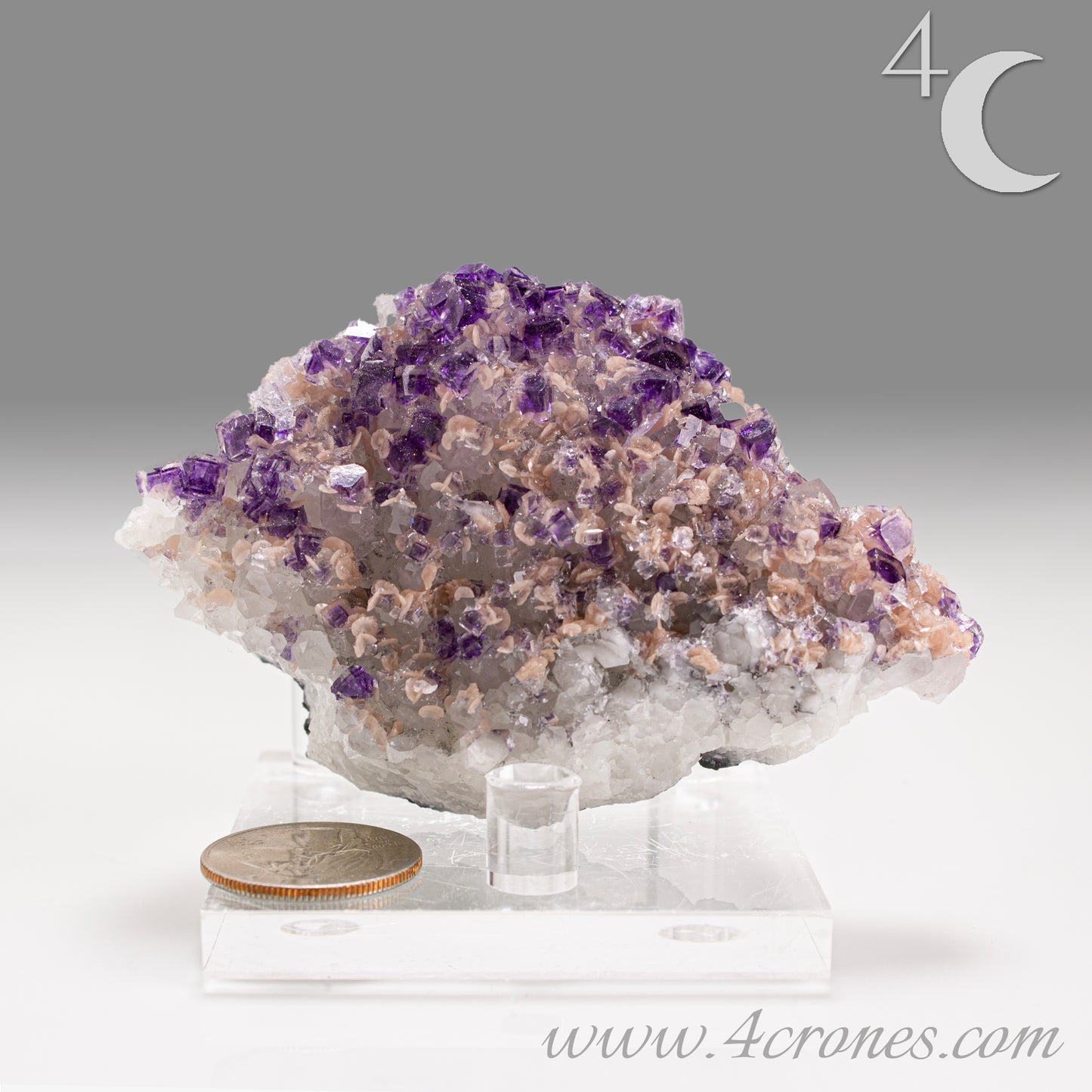 This exquisite specimen presents a rare and visually captivating combination: soft pink Rhodochrosite rosettes bloom across a sparkling bed of Quartz crystals, punctuated by sharply defined purple Fluorite cubes—some with phantom or window-like zoning.