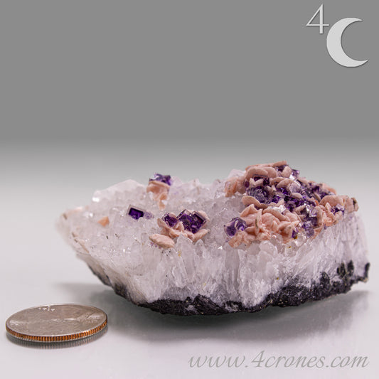 This exquisite specimen presents a rare and visually captivating combination: soft pink Rhodochrosite rosettes bloom across a sparkling bed of Quartz crystals, punctuated by sharply defined purple Fluorite cubes—some with phantom or window-like zoning.