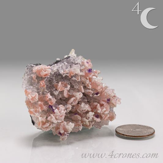 A delicate and visually dramatic specimen, this piece features pale pink Rhodochrosite dispersed among fine, radiating Quartz needles, with subtle inclusions of deep purple Fluorite.