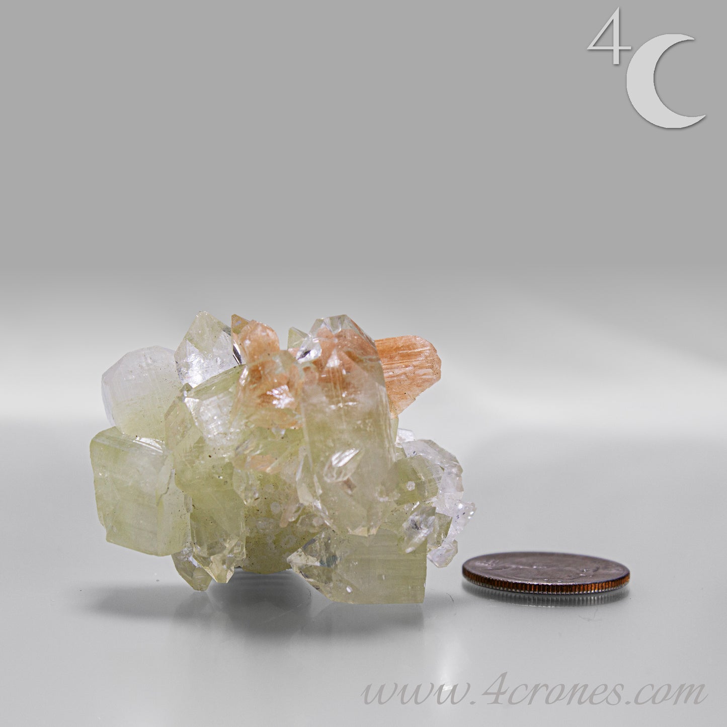 Apophyllite with stilbite crystal cluster from India, clear apophyllite crystals with peach-toned stilbite