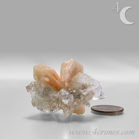 Apophyllite with stilbite crystal cluster from India, clear apophyllite crystals with peach-toned stilbite