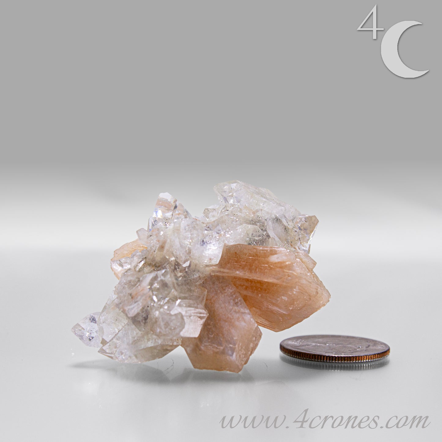 Apophyllite with stilbite crystal cluster from India, clear apophyllite crystals with peach-toned stilbite