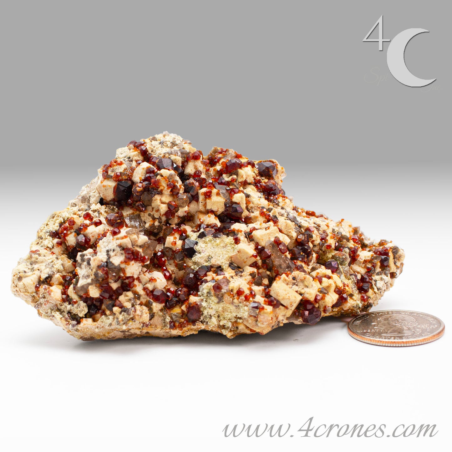 These gemmy Garnets are known as Spessartine Red Garnets, and they encrust and surround beautiful Smoky Quartz crystals on microcline feldspar matrices. The mine these specimens come from is known for the beautiful blingy red- and orange-colored garnets that they yield. www.4crones.com