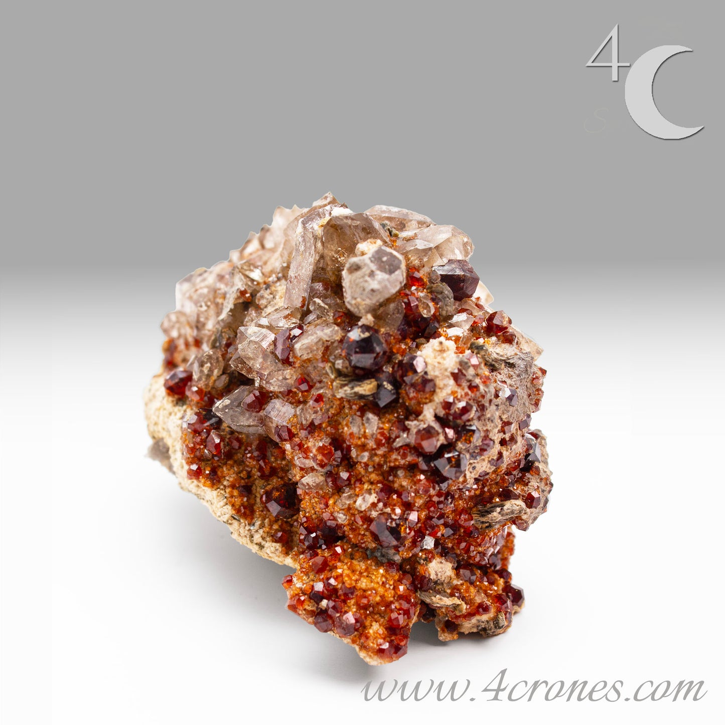 These gemmy Garnets are known as Spessartine Red Garnets, and they encrust and surround beautiful Smoky Quartz crystals on microcline feldspar matrices. The mine these specimens come from is known for the beautiful blingy red- and orange-colored garnets that they yield. www.4crones.com