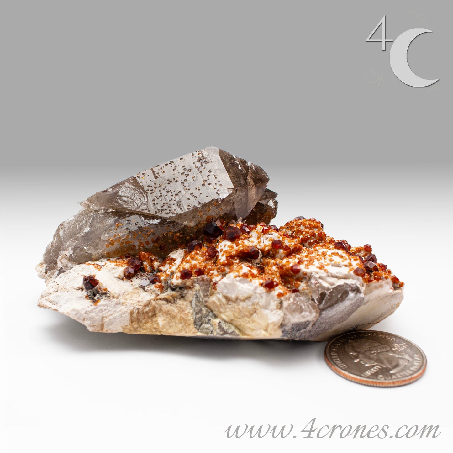 These gemmy Garnets are known as Spessartine Red Garnets, and they encrust and surround beautiful Smoky Quartz crystals on microcline feldspar matrices. The mine these specimens come from is known for the beautiful blingy red- and orange-colored garnets that they yield. www.4crones.com