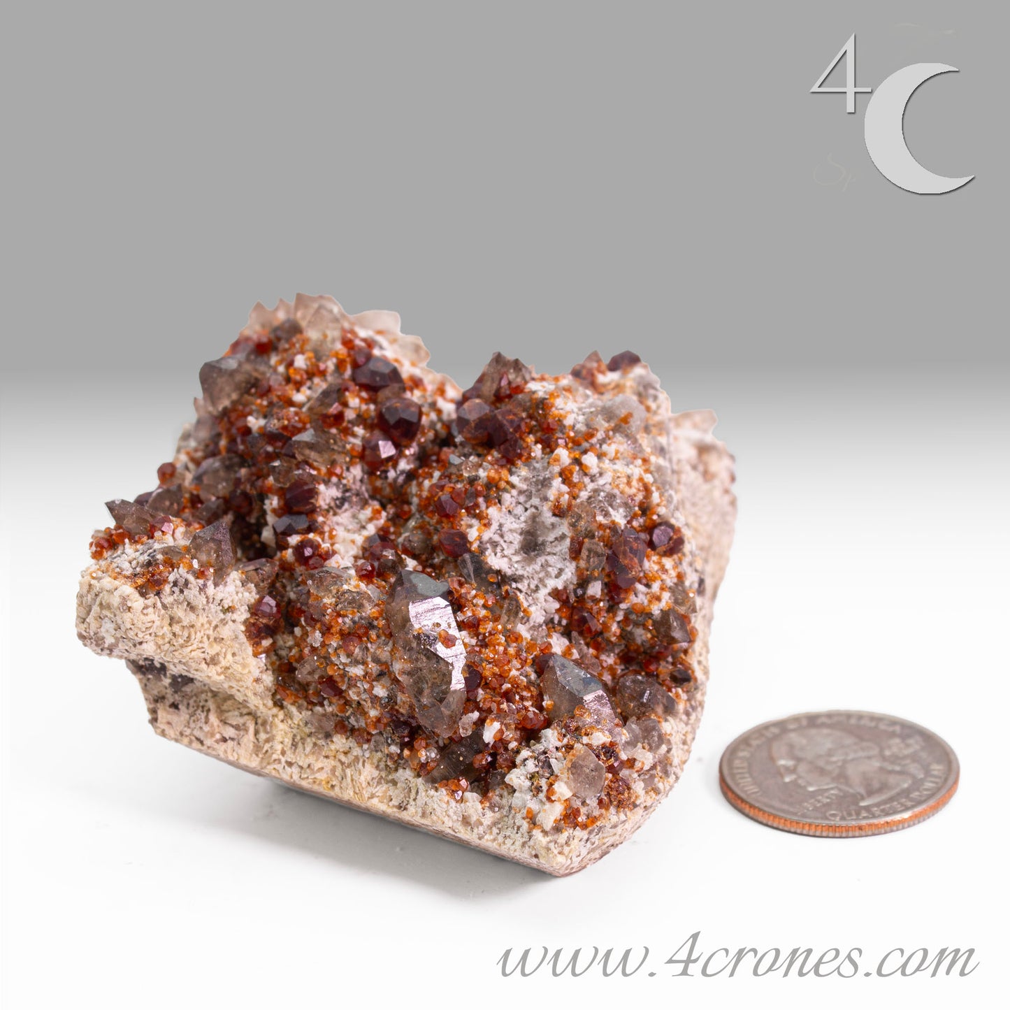 These gemmy Garnets are known as Spessartine Red Garnets, and they encrust and surround beautiful Smoky Quartz crystals on microcline feldspar matrices. The mine these specimens come from is known for the beautiful blingy red- and orange-colored garnets that they yield. www.4crones.com
