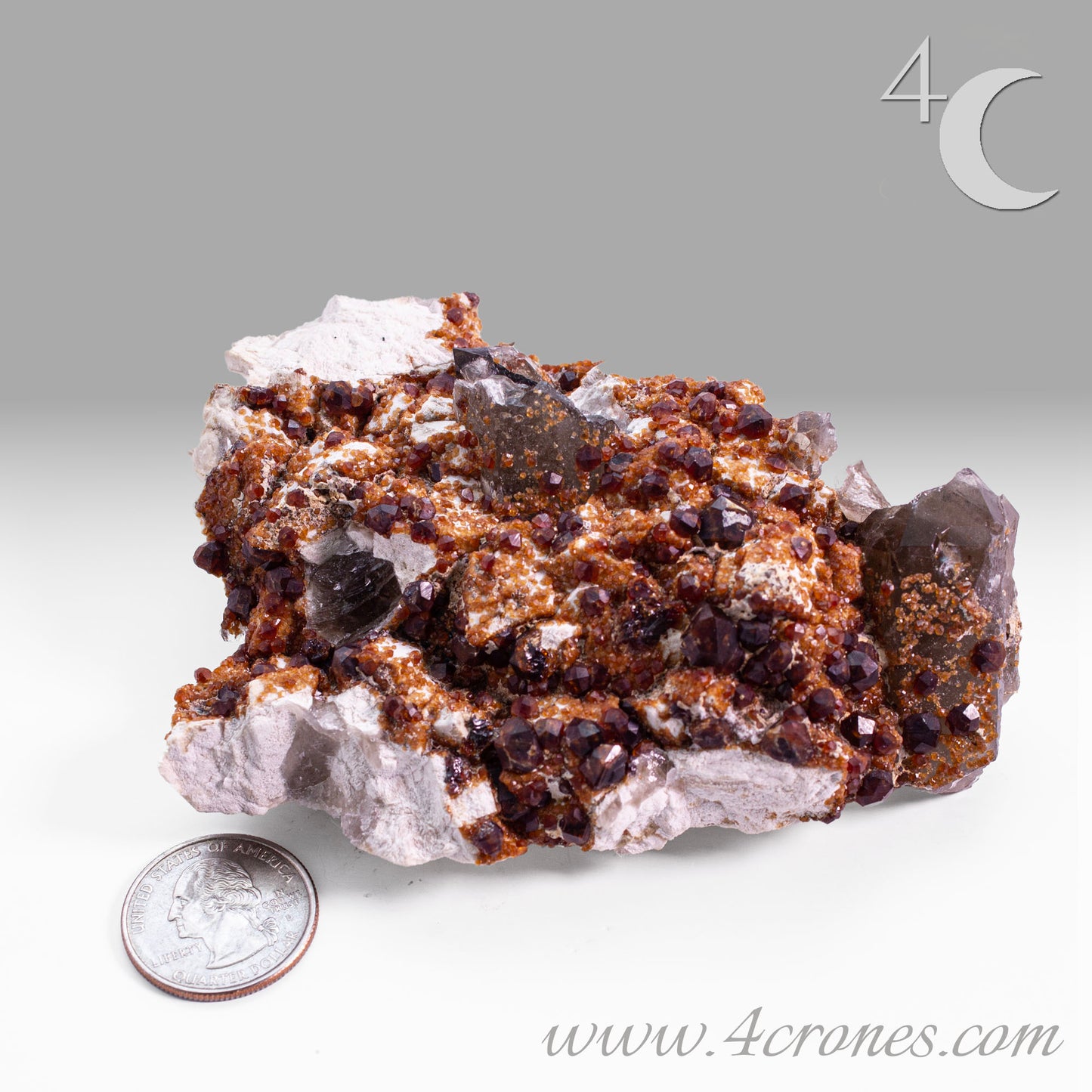 These gemmy Garnets are known as Spessartine Red Garnets, and they encrust and surround beautiful Smoky Quartz crystals on microcline feldspar matrices. The mine these specimens come from is known for the beautiful blingy red- and orange-colored garnets that they yield. www.4crones.com