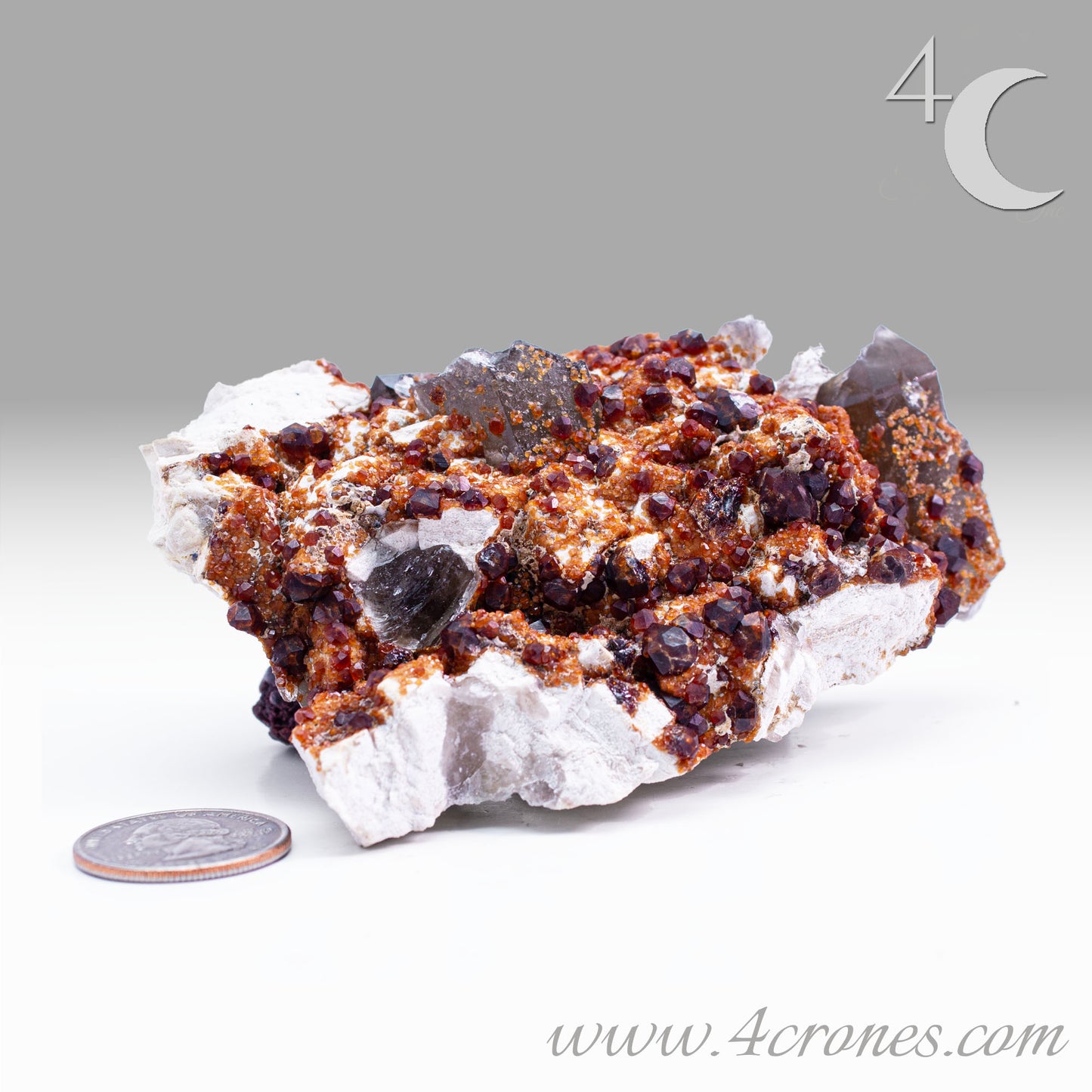 These gemmy Garnets are known as Spessartine Red Garnets, and they encrust and surround beautiful Smoky Quartz crystals on microcline feldspar matrices. The mine these specimens come from is known for the beautiful blingy red- and orange-colored garnets that they yield. www.4crones.com