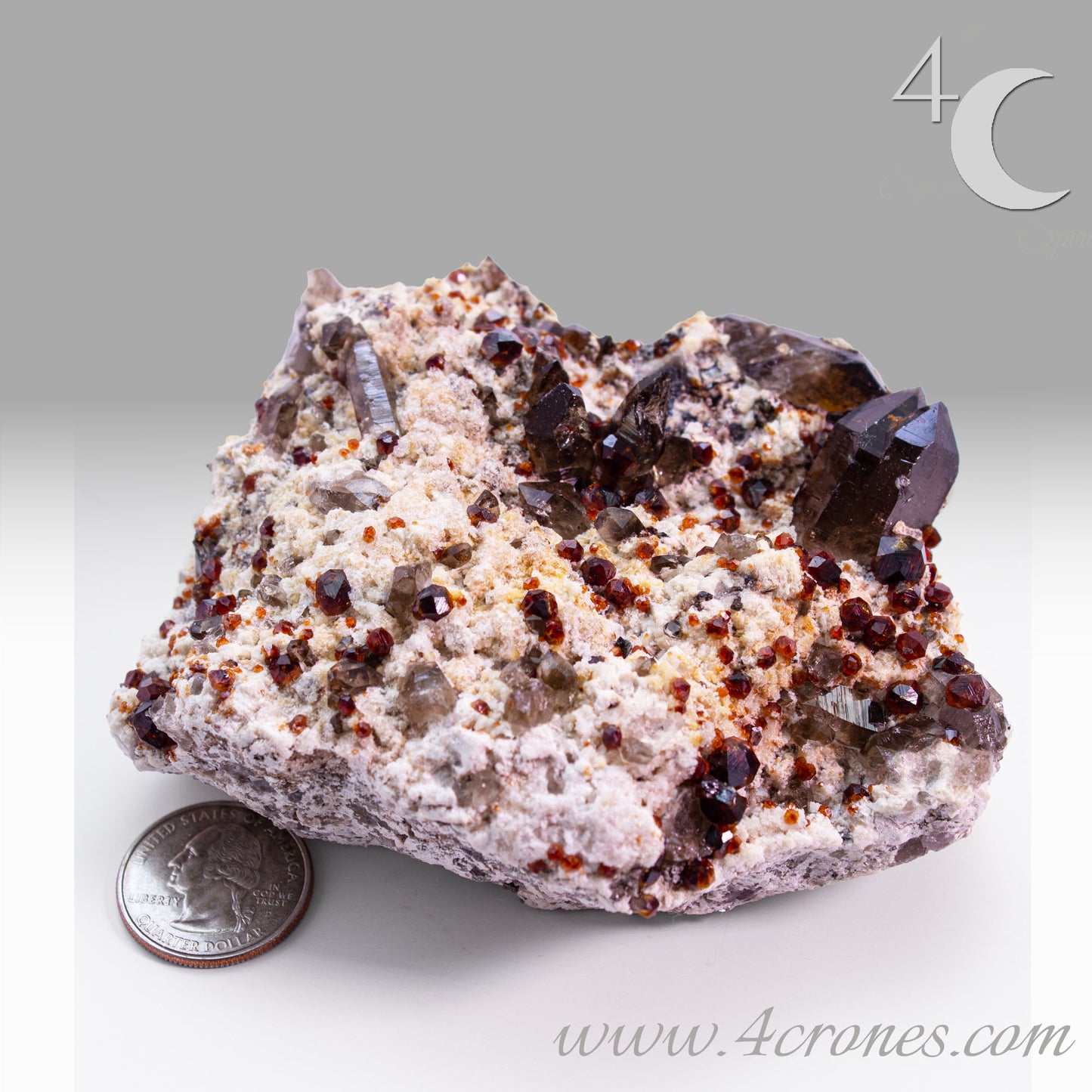 These gemmy Garnets are known as Spessartine Red Garnets, and they encrust and surround beautiful Smoky Quartz crystals on microcline feldspar matrices. The mine these specimens come from is known for the beautiful blingy red- and orange-colored garnets that they yield. www.4crones.com