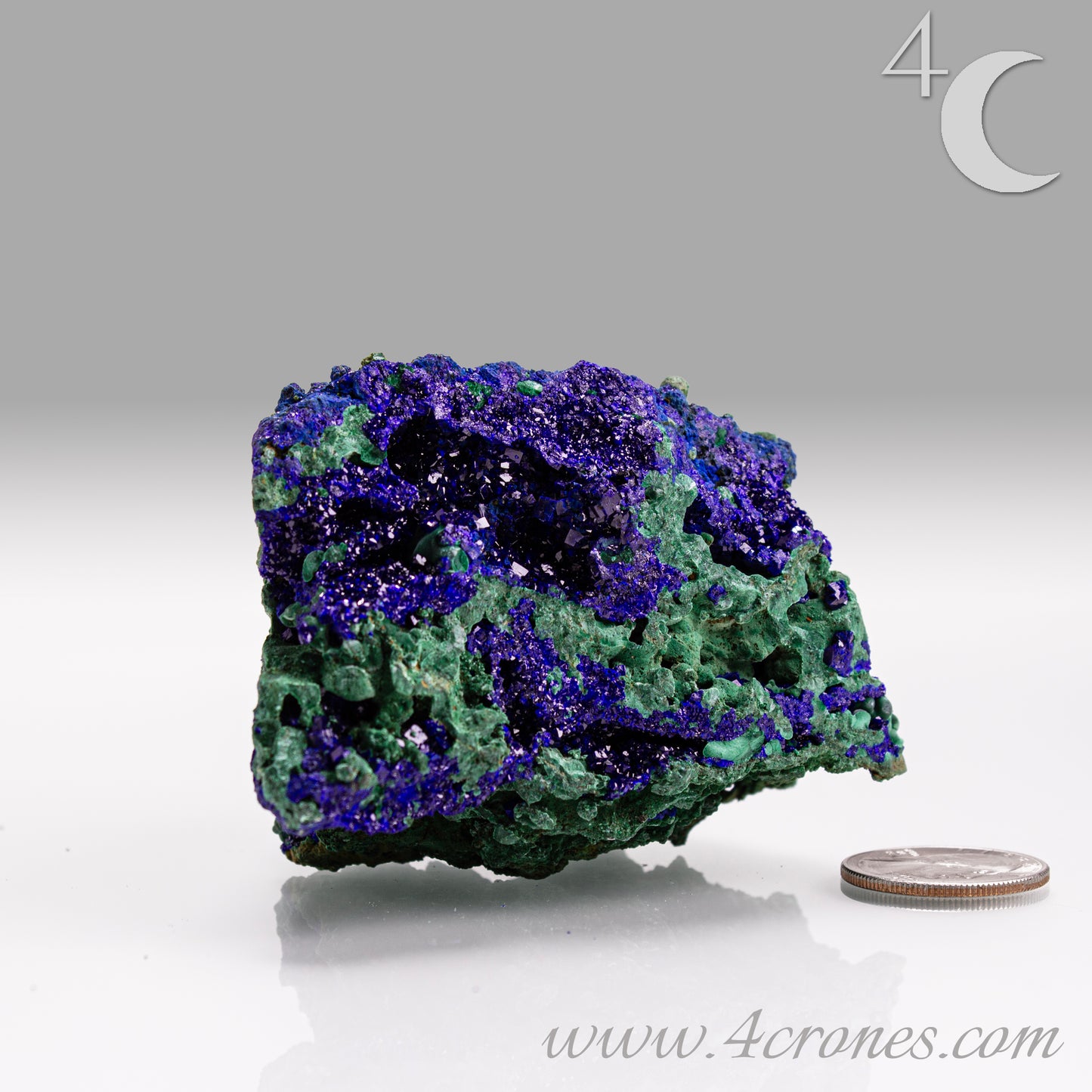 4 Crones Azurite-Malachite specimens are so luscious, with spectacular gemmy azurite crystals showing off the heavenly deep blue colors they are renowned for. They can be found in combination with Malachite acting as a “matrix” of sorts. Azurite is often found in nature mixed with Malachite. With more water content Azurite becomes Malachite. We think of them as siblings whose differing energies complement each other:) www.4crones.com