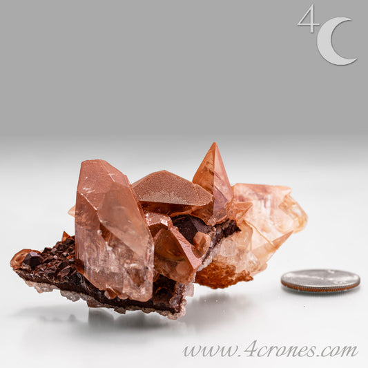Red Diamond Calcite, glassy, gemmy diamond shaped geometries otherwise known as rhombohedrons and or scalenohedrons are combined with iron oxide hematoid inclusions. www.4crones.com