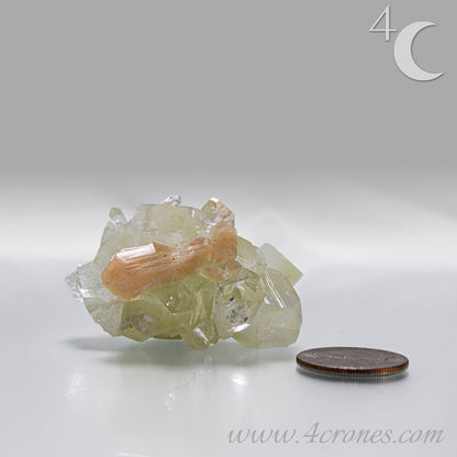 Apophyllite with stilbite crystal cluster from India, clear apophyllite crystals with peach-toned stilbite