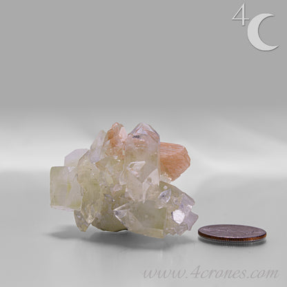 Apophyllite with stilbite crystal cluster from India, clear apophyllite crystals with peach-toned stilbite