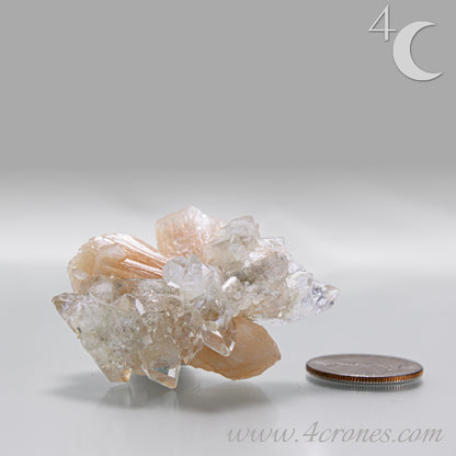 Apophyllite with stilbite crystal cluster from India, clear apophyllite crystals with peach-toned stilbite