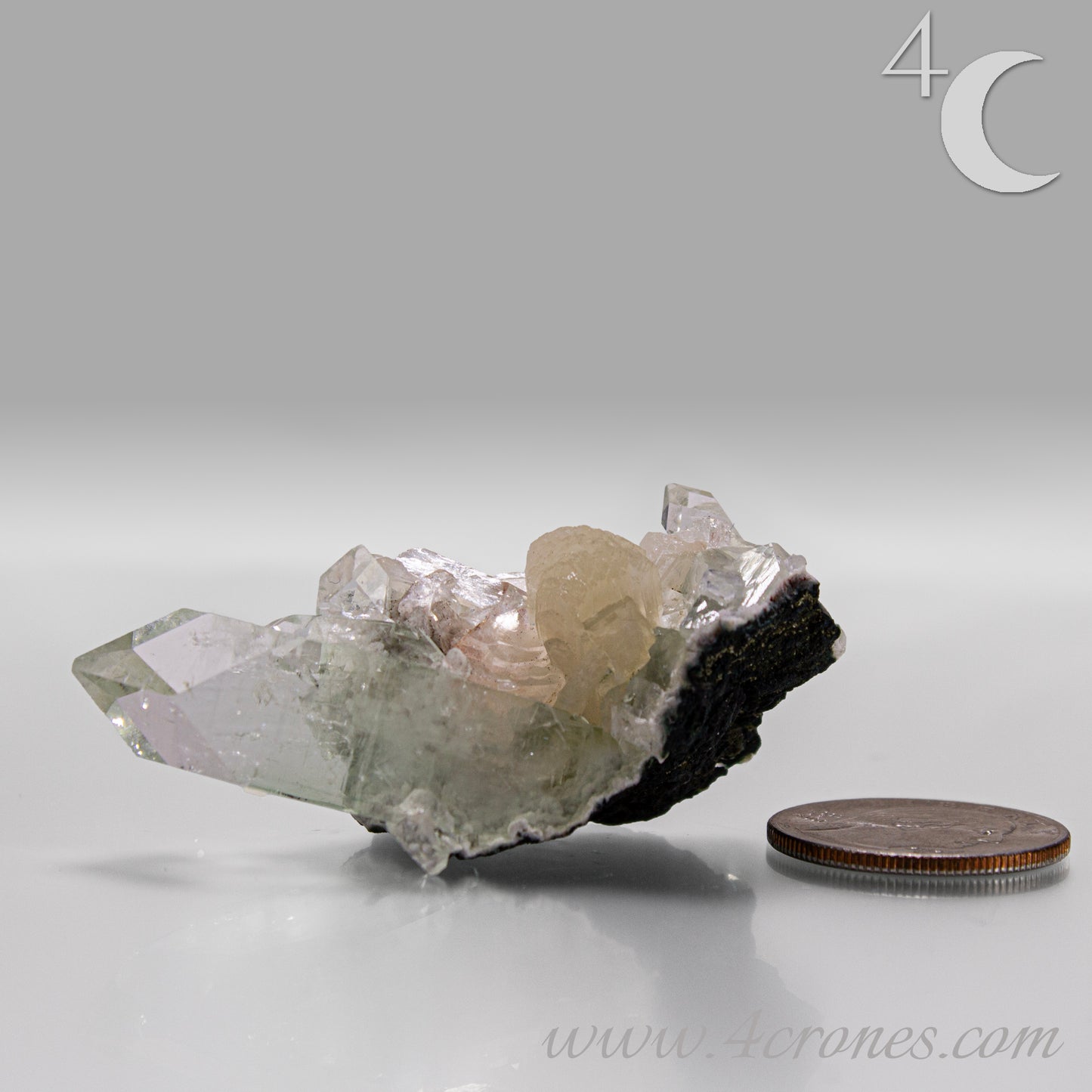 Apophyllite with stilbite crystal cluster from India, clear apophyllite crystals with peach-toned stilbite