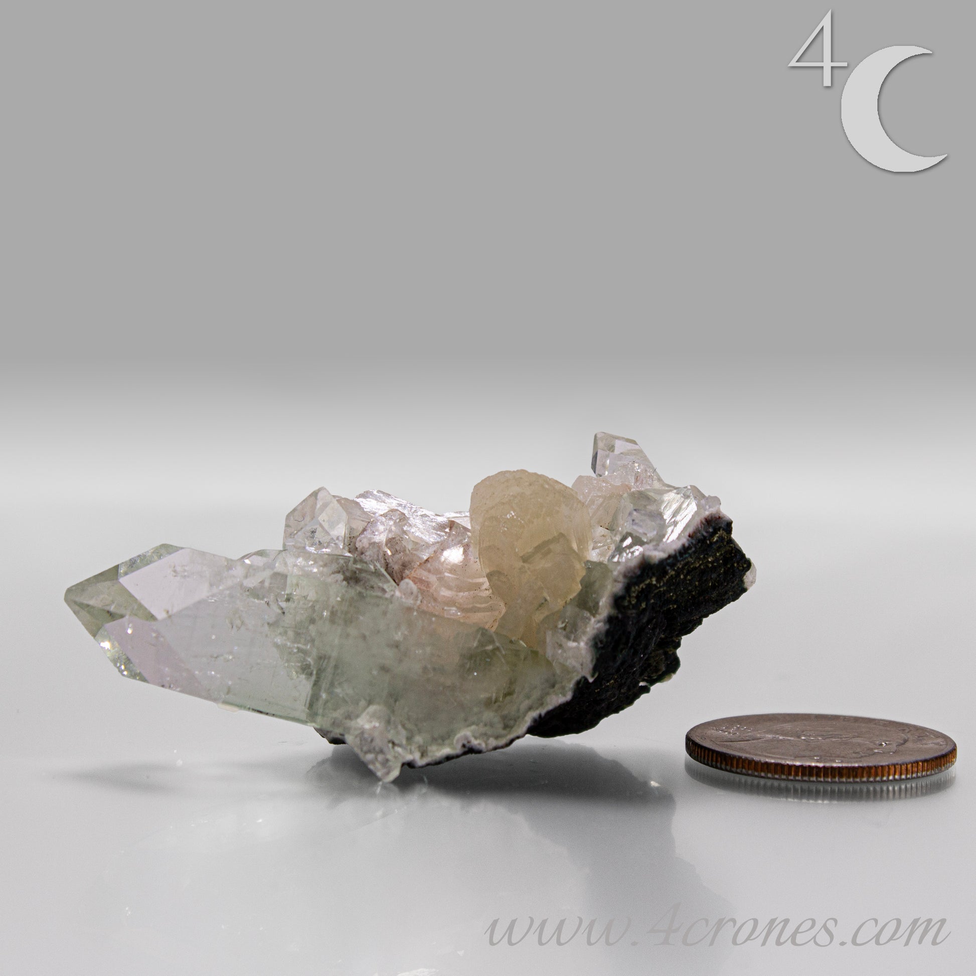 Apophyllite with stilbite crystal cluster from India, clear apophyllite crystals with peach-toned stilbite