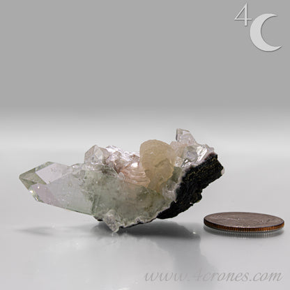 Apophyllite with stilbite crystal cluster from India, clear apophyllite crystals with peach-toned stilbite