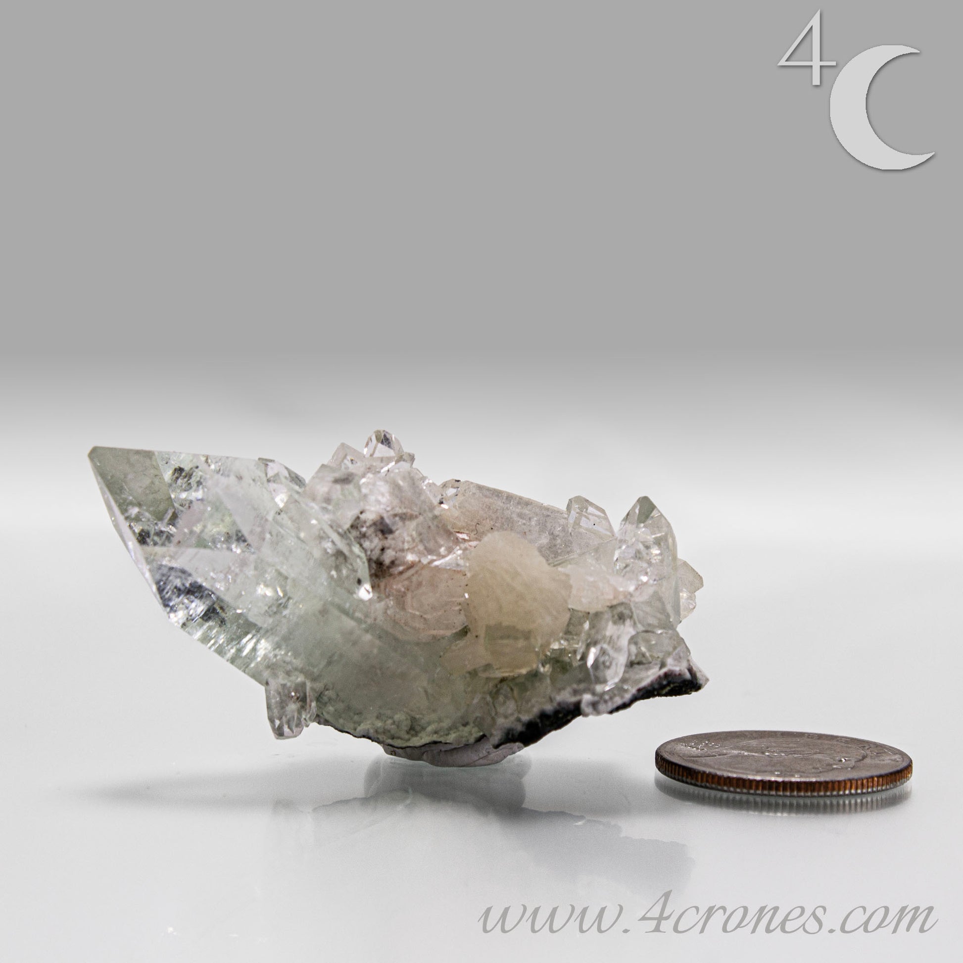 Apophyllite with stilbite crystal cluster from India, clear apophyllite crystals with peach-toned stilbite