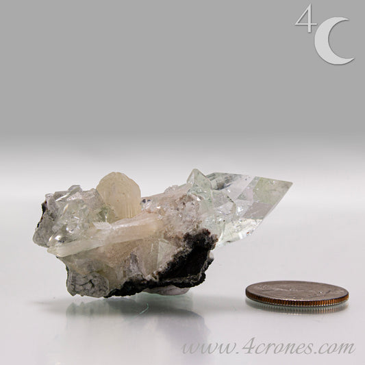 Apophyllite with stilbite crystal cluster from India, clear apophyllite crystals with peach-toned stilbite