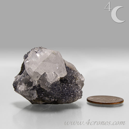 Apophyllite with chalcedony crystal cluster from India, clear apophyllite crystals on dark chalcedony matrix.