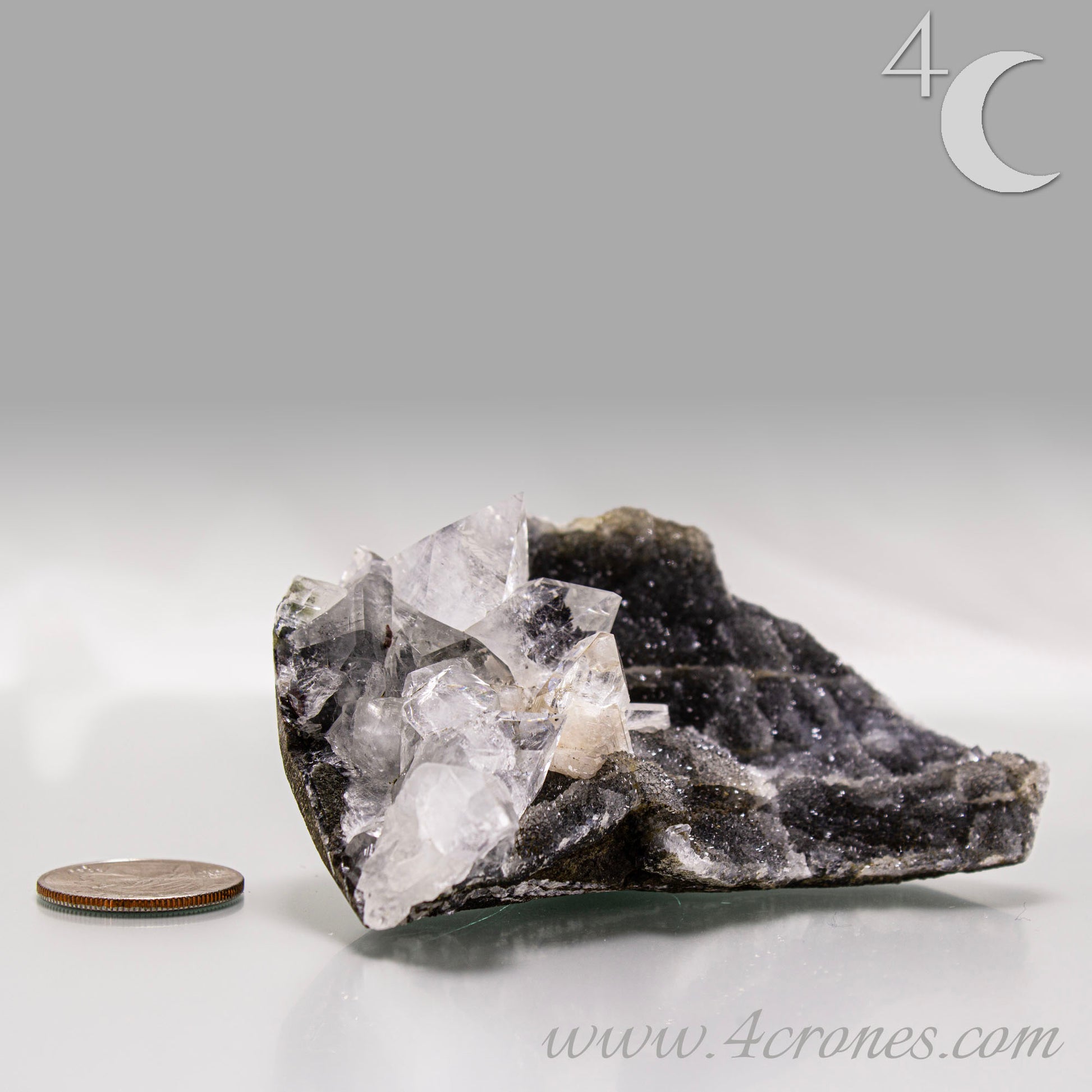 Clear apophyllite crystals growing on chalcedony matrix, natural mineral specimen from India