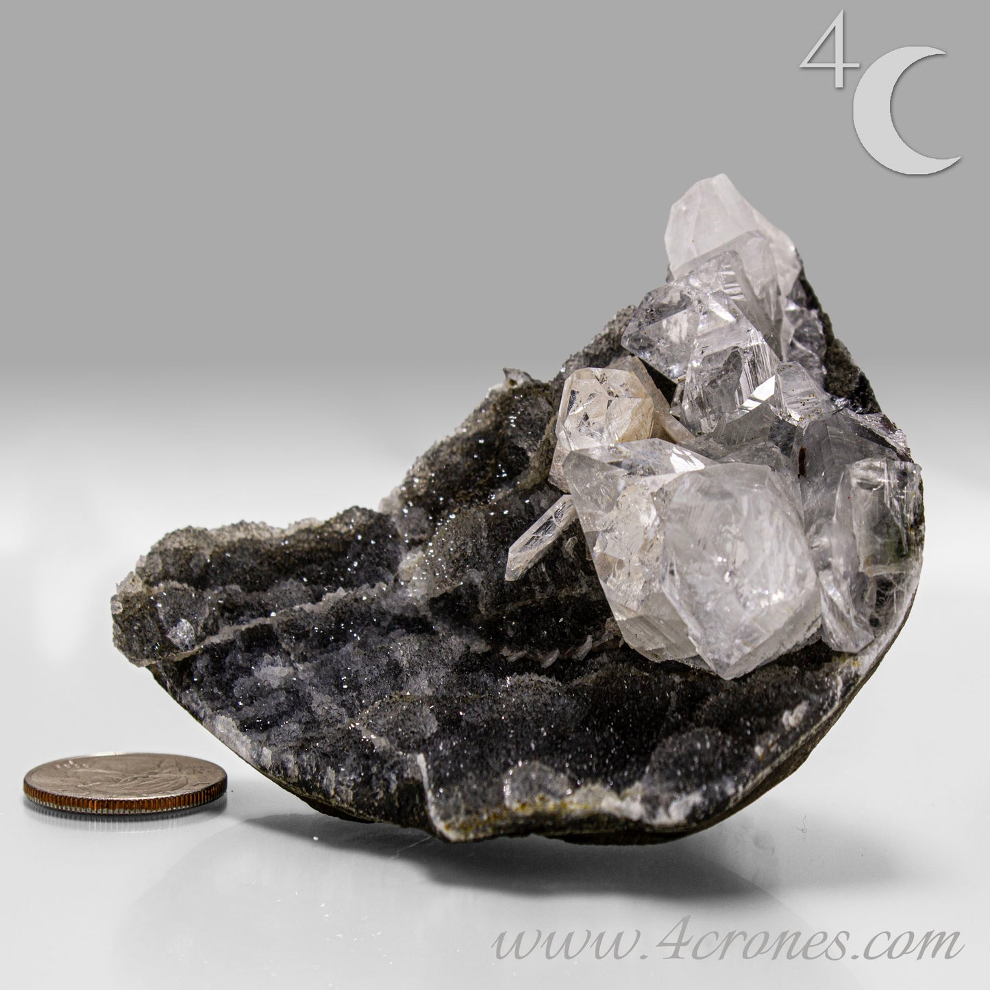 Clear apophyllite crystals growing on chalcedony matrix, natural mineral specimen from India