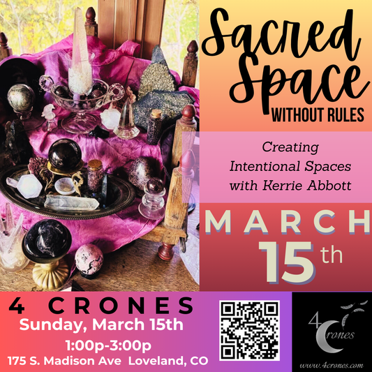Promotional flyer for 'Sacred Space Without Rules' event with altar setup and event details.