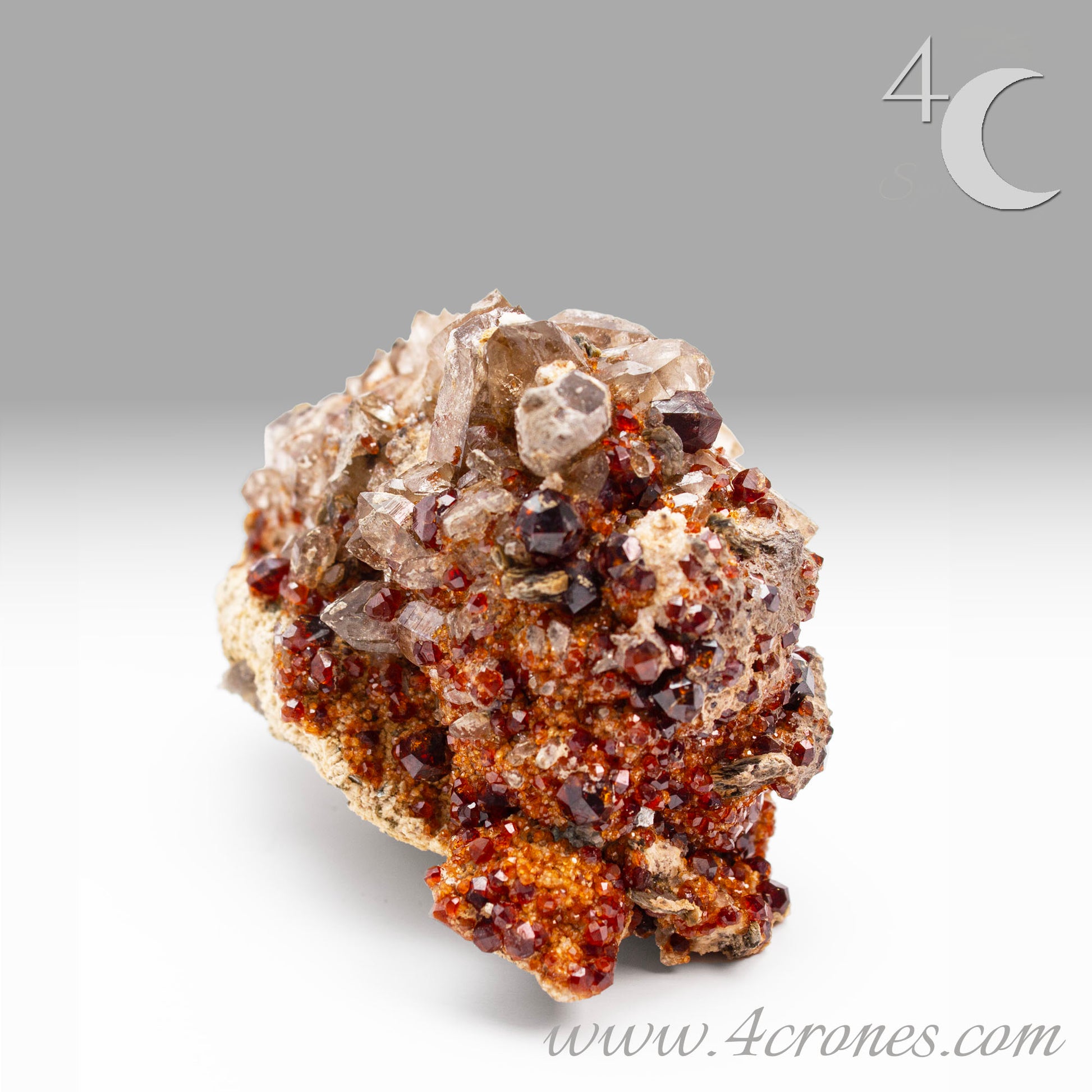 These gemmy Garnets are known as Spessartine Red Garnets, and they encrust and surround beautiful Smoky Quartz crystals on microcline feldspar matrices.  The mine these specimens come from is known for the beautiful blingy red- and orange-colored garnets that they yield. www.4crones.com