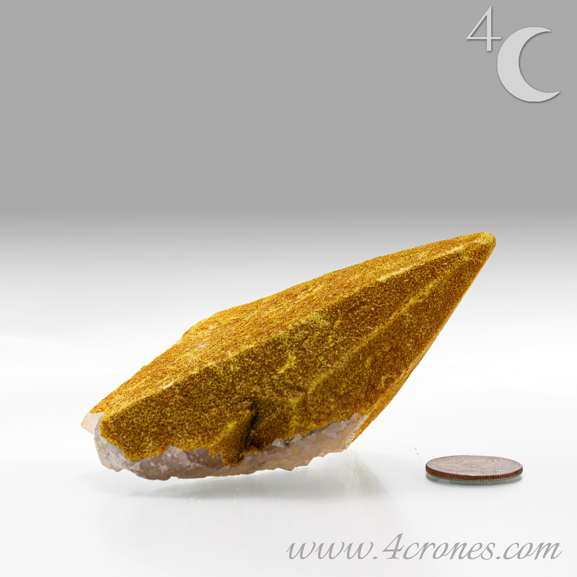 Gold Orpiment encrusted stone with a coin for scale on a gray background, featuring the 4Crones website.