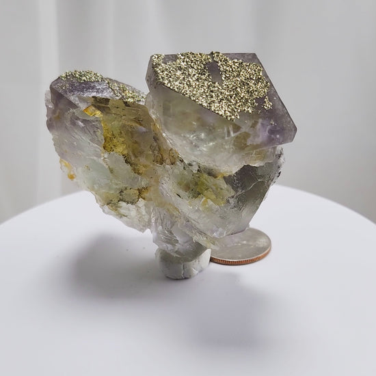 Fluorite & Pyrite beautiful lavender and soft green. This unique specimen of fluorite shimmers in soft bands of lavender and green, a natural harmony of color and energy. Composed of calcium fluoride, fluorite is valued for its cubic crystal formation and its ability to bring mental clarity and energetic alignment.