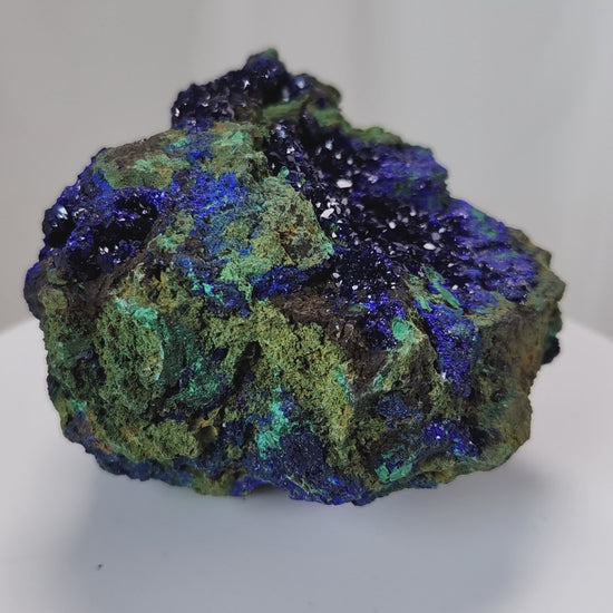 4 Crones Azurite-Malachite specimens are so luscious, with spectacular gemmy azurite crystals showing off the heavenly deep blue colors they are renowned for. They can be found in combination with Malachite acting as a “matrix” of sorts. Azurite is often found in nature mixed with Malachite. With more water content Azurite becomes Malachite. We think of them as siblings whose differing energies complement each other:)  www.4crones.com