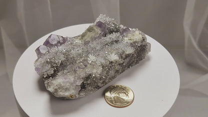 These beautiful green fluorites have enchanting delicate blue-purple phantoms. They are nestled in a dazzling bed of sparkling needle quartz and their subtlety and color shifts under various light sources create the feeling of being on a treasure hunt. Suddenly, another purple-blue phantom fluorite crystal appears amidst the crystal-clear twinkling needle quartz points. To top it off these amazing specimens glow and fluoresce a deep Lavendar under UV light. www.4crones.com