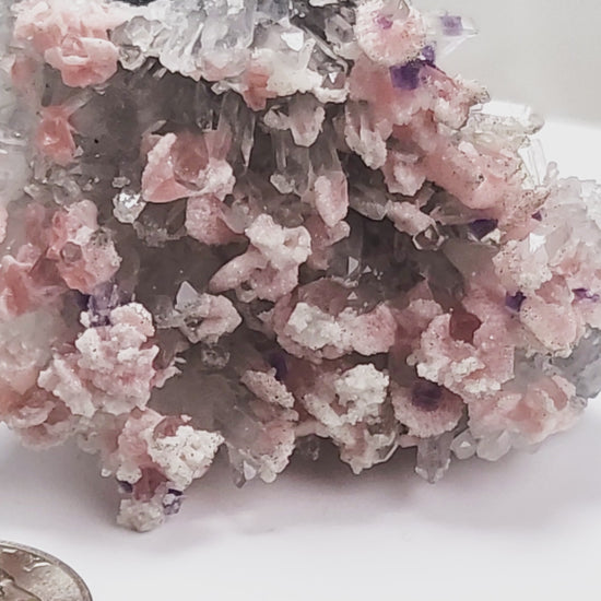 A delicate and visually dramatic specimen, this piece features pale pink Rhodochrosite dispersed among fine, radiating Quartz needles, with subtle inclusions of deep purple Fluorite.