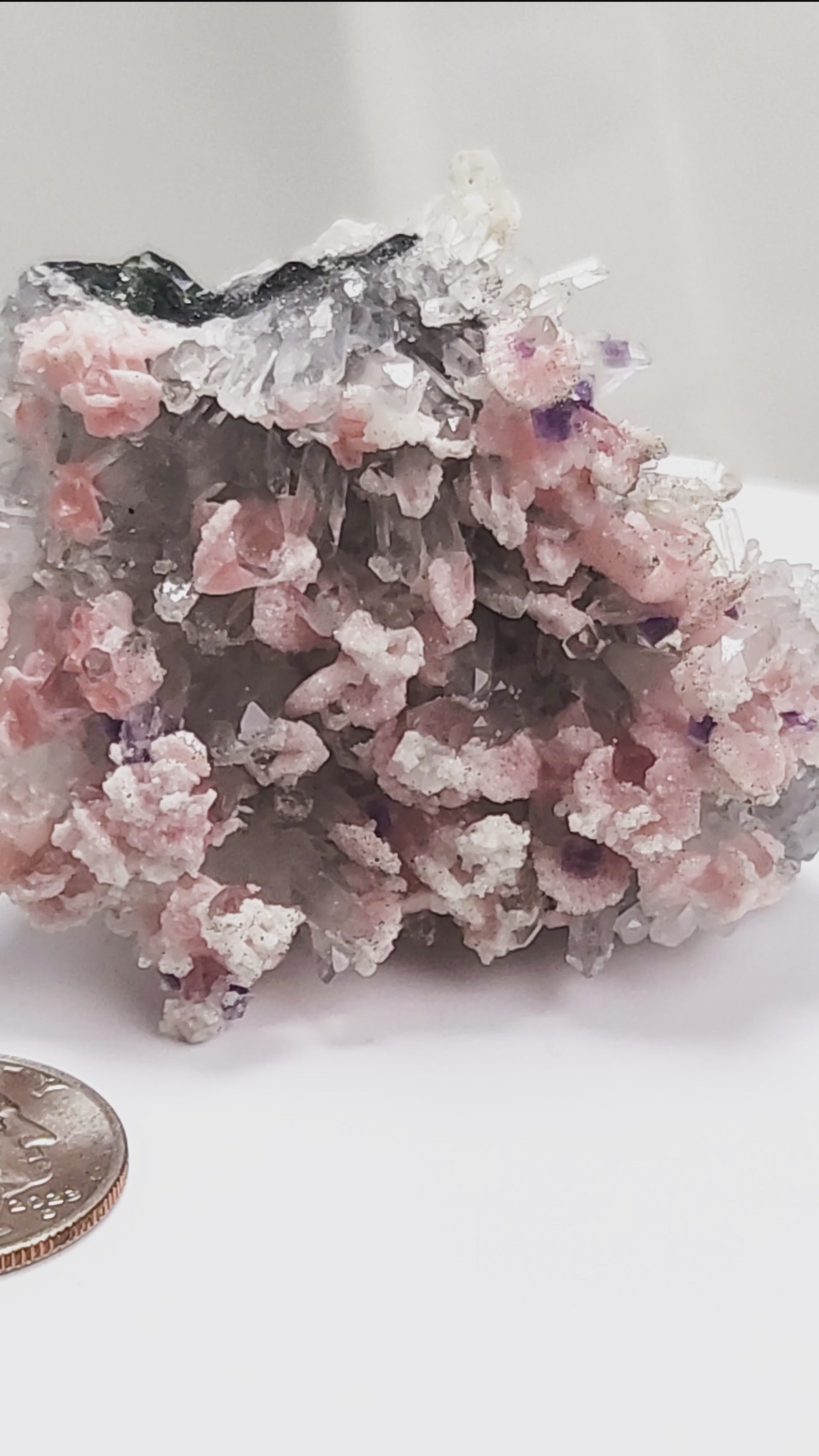 A delicate and visually dramatic specimen, this piece features pale pink Rhodochrosite dispersed among fine, radiating Quartz needles, with subtle inclusions of deep purple Fluorite.