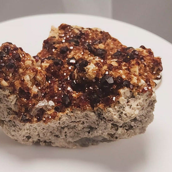 These gemmy Garnets are known as Spessartine Red Garnets, and they encrust and surround beautiful Smoky Quartz crystals on microcline feldspar matrices.  The mine these specimens come from is known for the beautiful blingy red- and orange-colored garnets that they yield. www.4crones.com