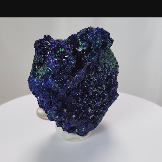 4 Crones Azurite-Malachite specimens are so luscious, with spectacular gemmy azurite crystals showing off the heavenly deep blue colors they are renowned for. They can be found in combination with Malachite acting as a “matrix” of sorts. Azurite is often found in nature mixed with Malachite. With more water content Azurite becomes Malachite. We think of them as siblings whose differing energies complement each other:)  www.4crones.com