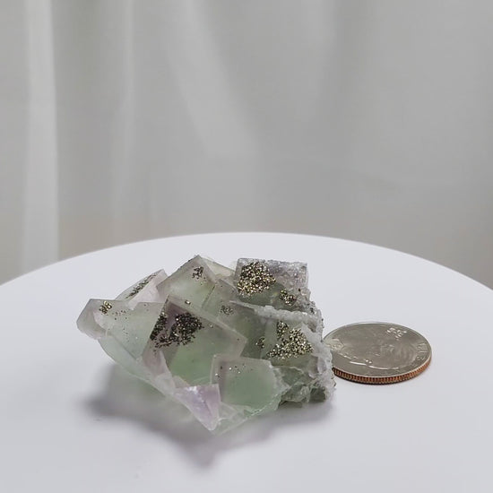 Fluorite & Pyrite beautiful lavender and soft green. This unique specimen of fluorite shimmers in soft bands of lavender and green, a natural harmony of color and energy. Composed of calcium fluoride, fluorite is valued for its cubic crystal formation and its ability to bring mental clarity and energetic alignment.