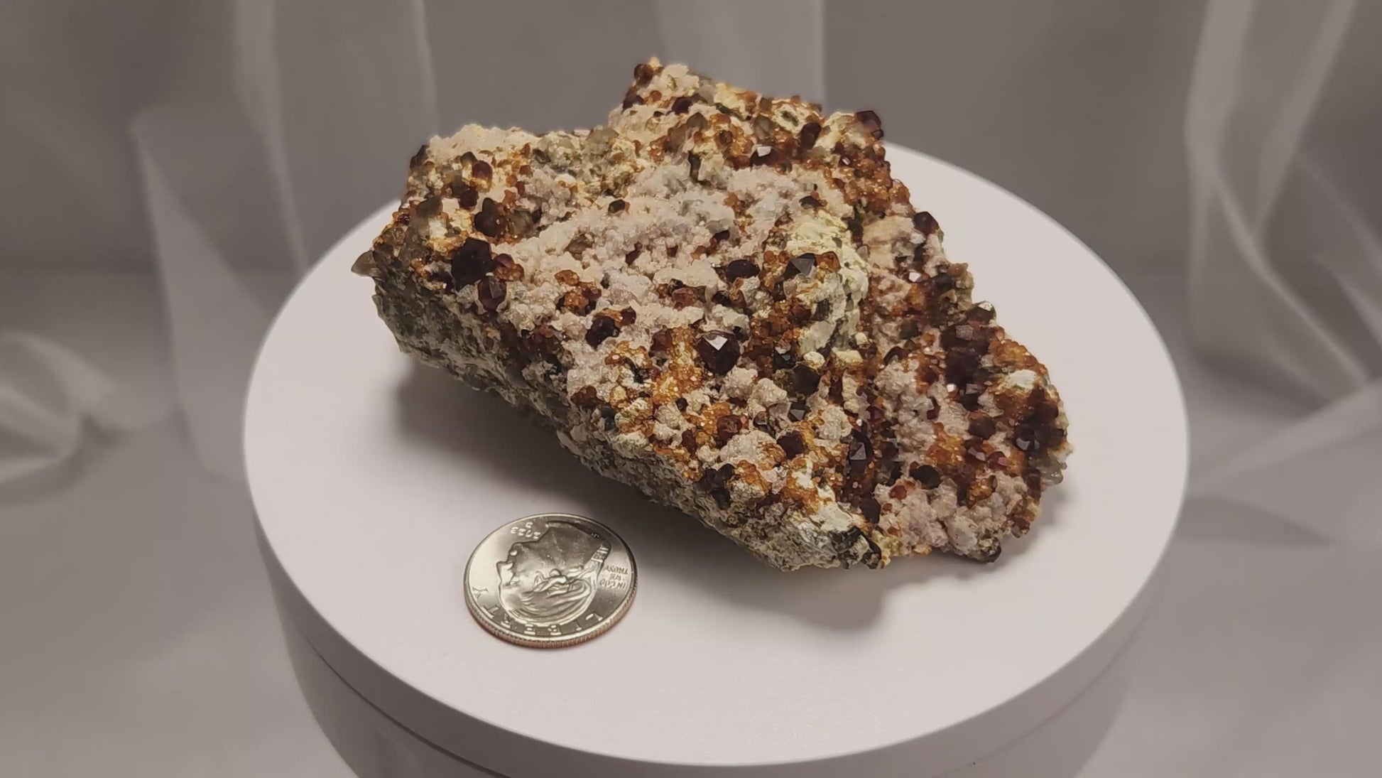 These gemmy Garnets are known as Spessartine Red Garnets, and they encrust and surround beautiful Smoky Quartz crystals on microcline feldspar matrices.  The mine these specimens come from is known for the beautiful blingy red- and orange-colored garnets that they yield. www.4crones.com