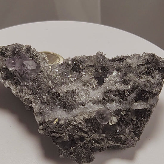 These beautiful green fluorites have enchanting delicate blue-purple phantoms. They are nestled in a dazzling bed of sparkling needle quartz and their subtlety and color shifts under various light sources create the feeling of being on a treasure hunt. Suddenly, another purple-blue phantom fluorite crystal appears amidst the crystal-clear twinkling needle quartz points. To top it off these amazing specimens glow and fluoresce a deep Lavendar under UV light. www.4crones.com